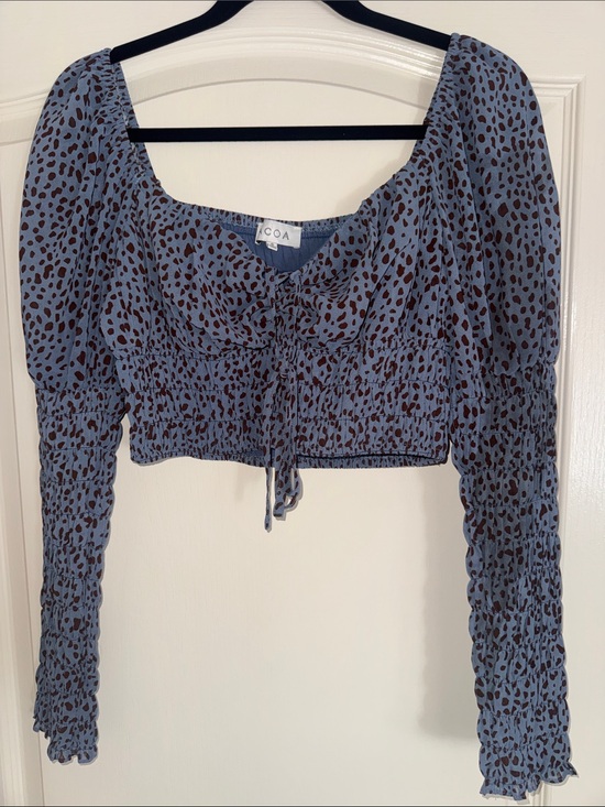 CO Tops - CO Blue Leopard Smocked Long-Sleeve Crop Top